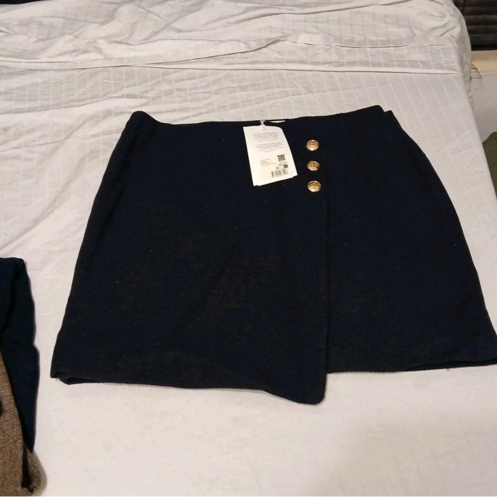 Sezane Navy Mini Skirt with Gold Accents